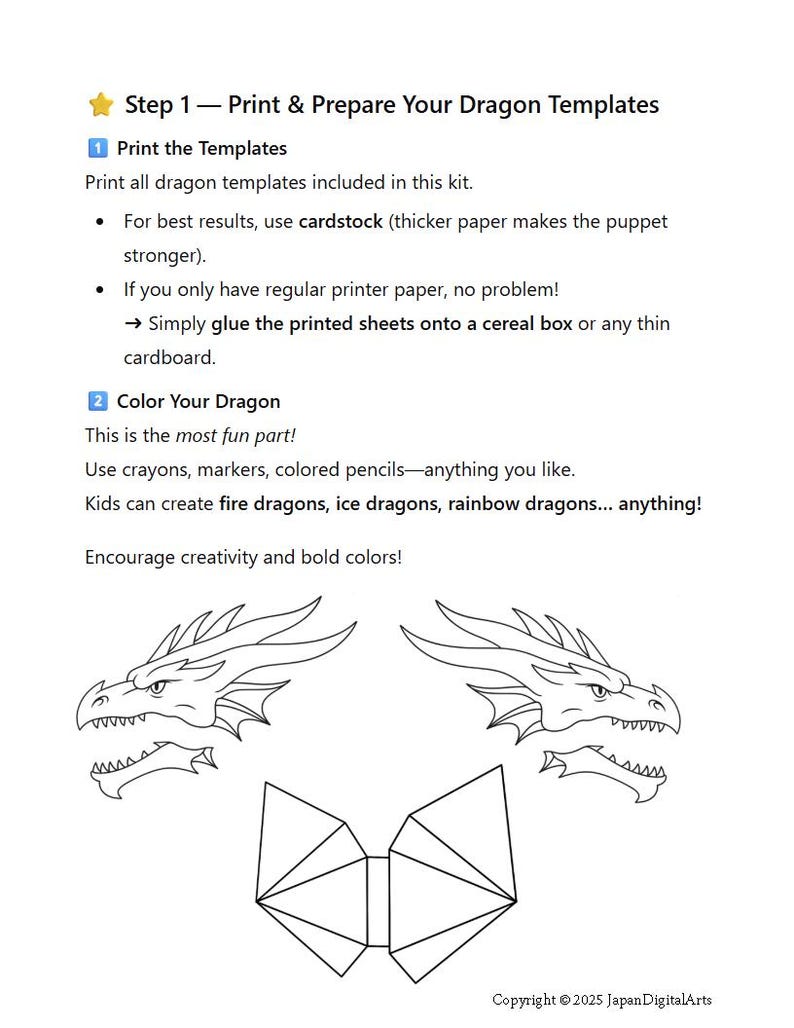 May include: Printable dragon templates for kids. The image shows instructions for printing and coloring dragon templates. Includes two dragon head outlines and a geometric shape. Text encourages creativity and bold colors.
