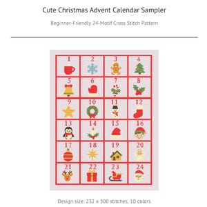 Puede incluir: Un patrón de punto de cruz para un calendario de adviento navideño, con 24 motivos festivos en cuadrados numerados. Los diseños incluyen un copo de nieve, un hombre de jengibre y un árbol de Navidad. El texto dice "Cute Christmas Advent Calendar Sampler".