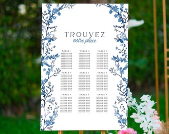 Simple wedding table plan panel kit to personalize, to print, blue flowers model, invitations to edit