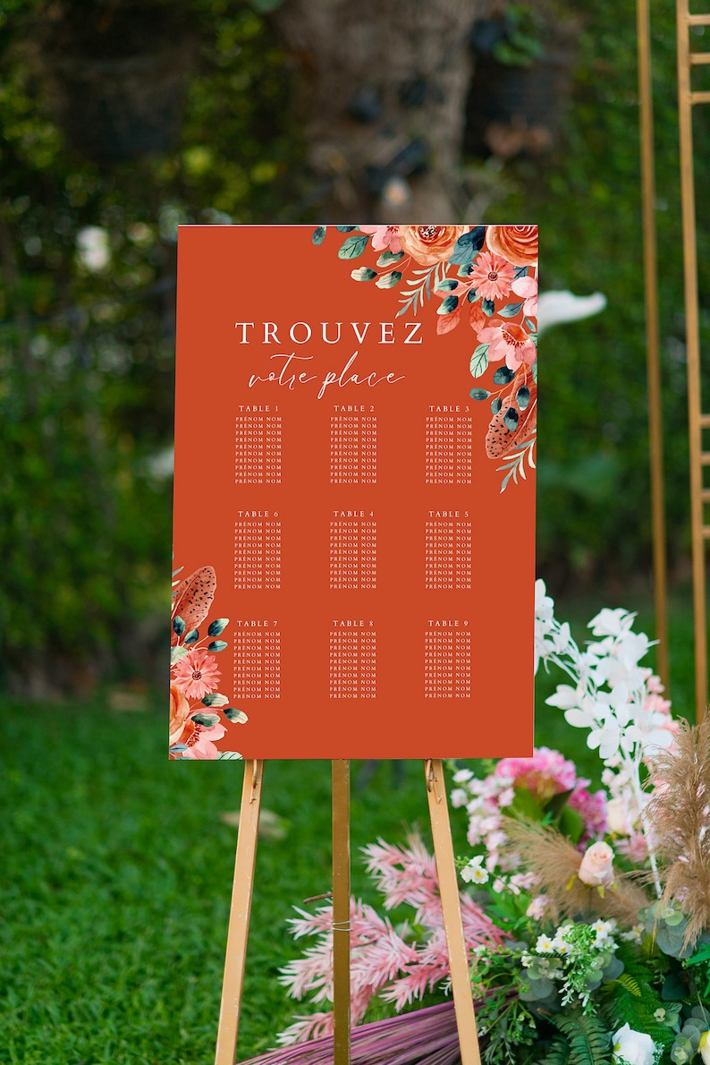 Simple wedding table plan panel kit to personalize, to print, terracotta model, terracotta, invitations to edit image 1