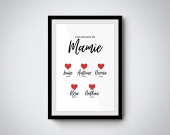 Cadre fête des grands mères, cadeau mamie, affiche mamie personnalisée, fête des mamies, cadre personnalisé mamie; petit coeurs 2