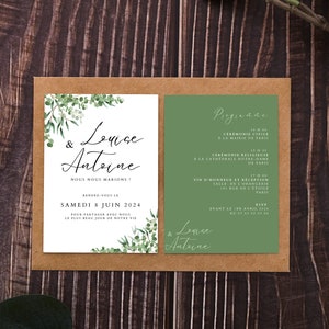 Wedding invitation invitation kit to personalize, to print, leaf model, greenery, green for wedding, invitations to edit image 1