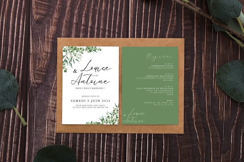Wedding invitation invitation kit to personalize, to print, leaf model, greenery, green for wedding, invitations to edit image 1