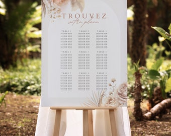 Simple wedding table plan panel kit to personalize, to print, pampas model, beige, natural, nature, invitations to edit