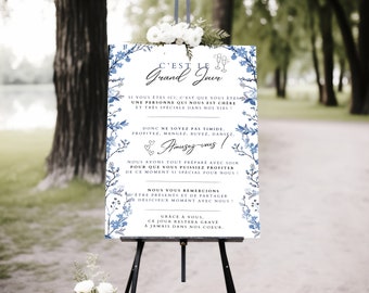 Kit panneau de bienvenue de Mariage à personnaliser, à imprimer, modèle fleurs bleues, invitations à éditer