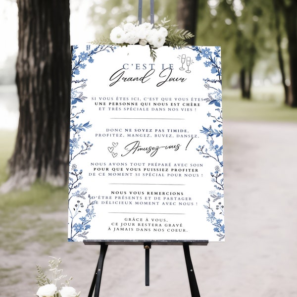 Kit panneau de bienvenue de Mariage à personnaliser, à imprimer, modèle fleurs bleues, invitations à éditer