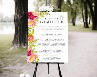 Kit panneau de bienvenue de Mariage pour invités à personnaliser, à imprimer, modèle coloré rose et orange, invitations à éditer