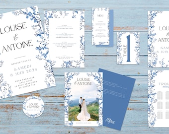 Wedding invitation kit to personalize, to print, blue flowers model, invitations to edit