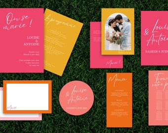 Wedding invitation kit to personalize, to print, colorful template, invitations to edit