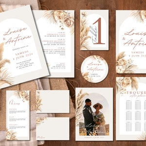 Wedding invitation kit to personalize, to print, pampas model, beige, natural, nature, invitations to edit