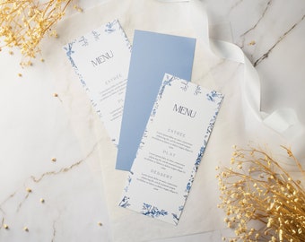 Wedding menu kit to personalize, to print, blue flowers model, invitations to edit