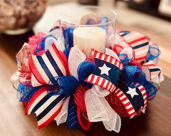 Red White Blue Candle Ring, Patriotic Decor, Handmade Centerpiece