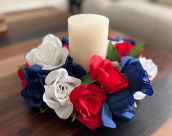 Patriotic Rose Candle Ring, Red White Blue Decor