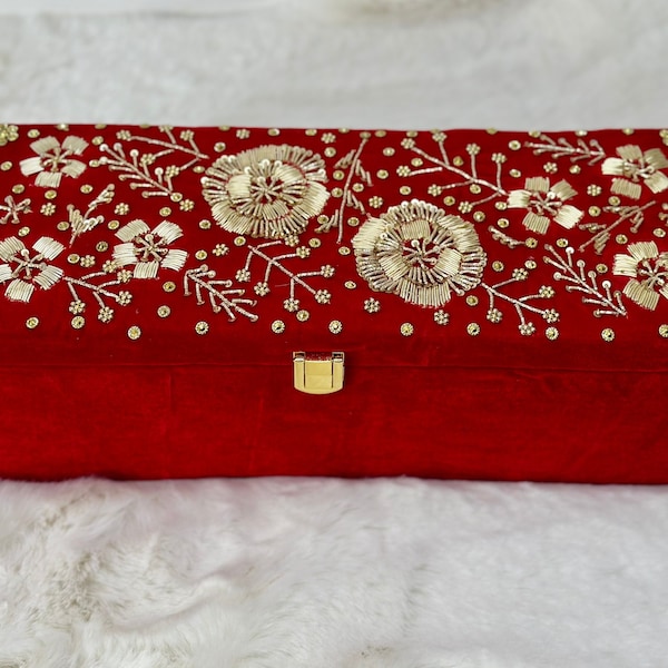 Chooda / Choora / Bangle Box - Maroon / Red Velvet, Gold Zardozi