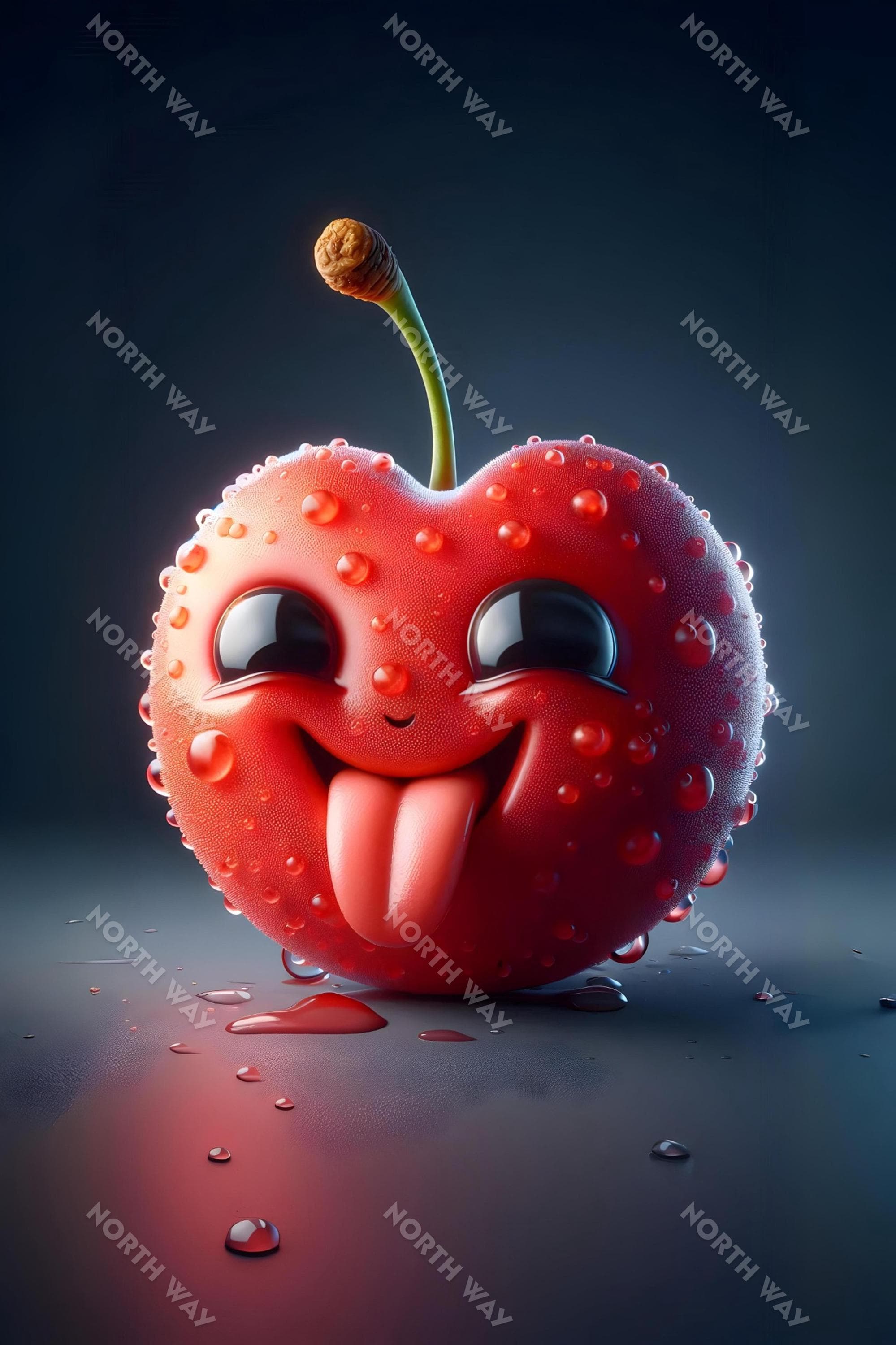 Funny Cherry Sticking Out Its Tongue Digital Poster, Cute and