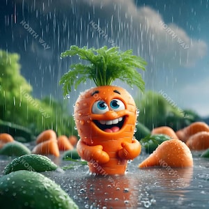 Happy Carrot in the Rain Digital Poster – Funny and Cute Vegetable Illustration | Playful Kitchen Decor | Printable 300 DPI