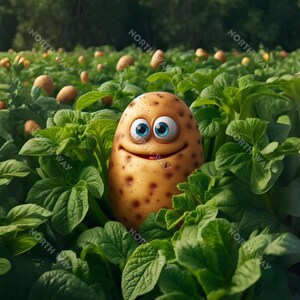 Puede incluir: Una patata de dibujos animados con una cara sonriente y ojos azules asoma desde un campo de plantas de patata verdes.