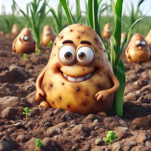デジタルポスター「畑のジャガイモ」 - 面白くてかわいい野菜のイラスト |キッチンの装飾またはカントリースタイル |印刷可能 300 DPI