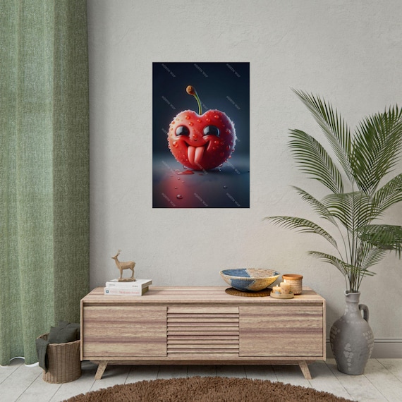 Funny Cherry Sticking Out Its Tongue Digital Poster, Cute and