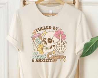 Fueled By Iced Coffee and Anxiety Shirt, Coffee and Anxiety Tshirt, Coffee Addict Tee, Coffee Lover Tshirts, Sarcastic Gift, Trendy Anxiety