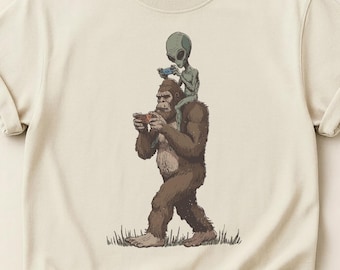Bigfoot Alien Gamer Comfort Colors® Shirt, Funny Sasquatch UFO Gaming Tee, Retro Cryptid T-Shirt, Sci-Fi Gamer Gift, Geek Tshirt