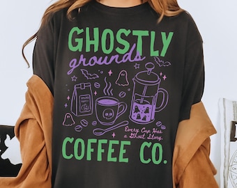 Halloween Coffee Lover Comfort Colors® Shirt, Ghostly Grounds Coffee Co Tee, Spooky Coffee Graphic T-shirt, Ghost Coffee Club Tshirt