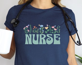 Wildflower Nurse T-Shirt, Retro Floral Design