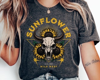 Boho Cow Skull Shirt, Wild West Shirts, Western Graphic Tee, Cowgirl Tshirt, Bull Skull T-shirt, Southwest Tee, Sunflower Boho Skull Shirt