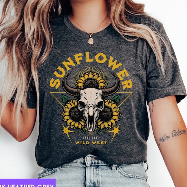 Boho Cow Skull Shirt, Wild West Shirts, Western Graphic Tee, Cowgirl Tshirt, Bull Skull T-shirt, Southwest Tee, Sunflower Boho Skull Shirt