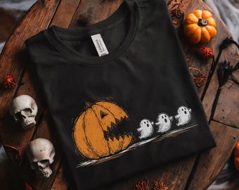Halloween Pumpkin Eat Ghost Shirt, Funny Halloween Shirt, Halloween Party Tee, Halloween Gamer Gift, Pumpkin Pac Man Shirt, Spooky Ghost Tee