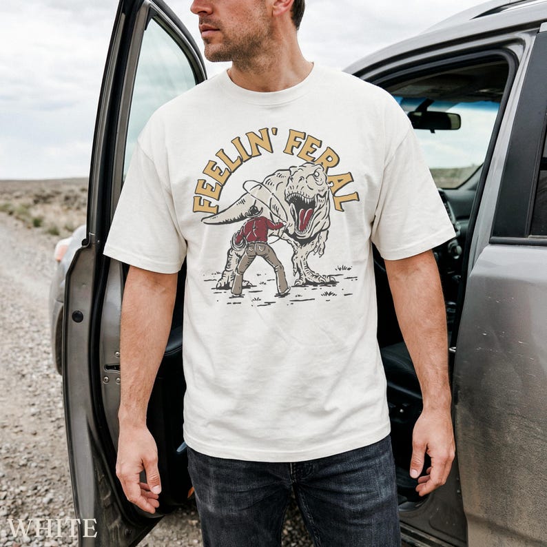 Funny Rodeo Comfort Colors® Shirt, Cowboy Rodeo Tshirt, Feeling Feral Tee, Retro T-rex Shirt, Dinosaur Lover Gift, Western Graphic Tee image 2
