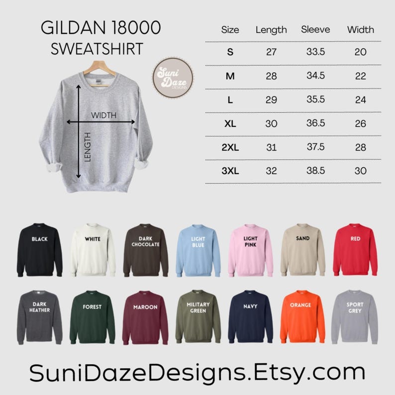 May include: A light gray Gildan 18000 sweatshirt displayed with a size chart and color options. The chart shows measurements for sizes S to 3XL, including length, sleeve, and width in inches. Available colors include black, white, and red.