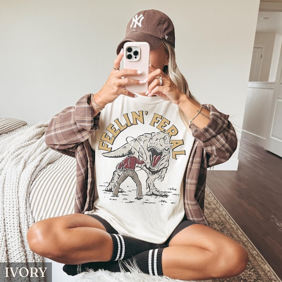 Funny Rodeo Comfort Colors® Shirt, Cowboy Rodeo Tshirt, Feeling Feral Tee, Retro T-rex Shirt, Dinosaur Lover Gift, Western Graphic Tee