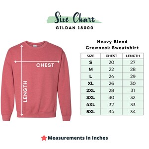 Op de afbeelding: Maattabel voor een Gildan 18000 heavy blend crewneck sweatshirt. De tabel toont borst- en lengtemaat in inches voor maten S tot en met 5XL.