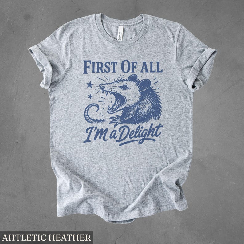 May include: Athletic heather gray t-shirt with a blue graphic of an opossum with the text "First of All I'm a Delight". The shirt has rolled-up sleeves and a crew neck.