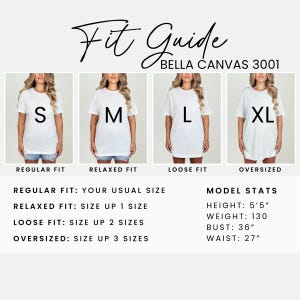 May include: A white t-shirt fit guide with four models wearing different sizes: S, M, L, and XL. Text includes "Fit Guide" and "BELLA CANVAS 3001." Additional text details fit descriptions and model stats: height 5'5", weight 130 lbs, bust 36", waist 27".