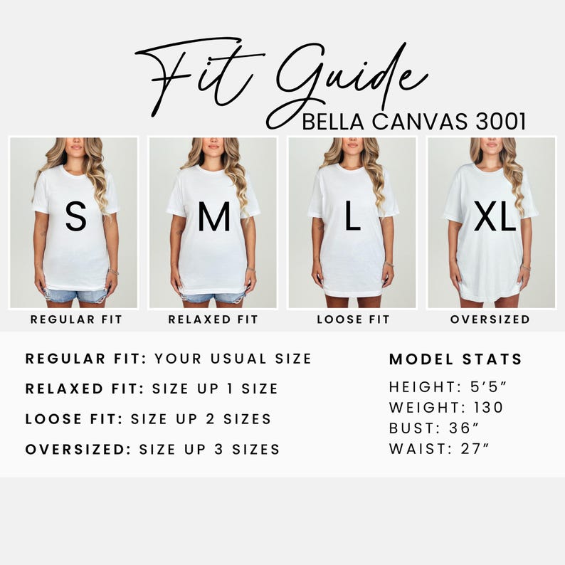 May include: A white t-shirt fit guide with four models wearing different sizes: S, M, L, and XL. Text includes "Fit Guide" and "BELLA CANVAS 3001." Additional text details fit descriptions and model stats: height 5'5", weight 130 lbs, bust 36", waist 27".