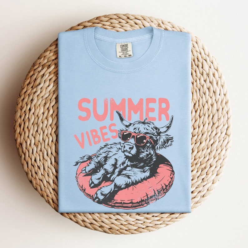 May include: A light blue t-shirt with a graphic of a Highland cow wearing sunglasses and relaxing on a pink inflatable ring. The text "SUMMER VIBES" is printed in pink above the cow.