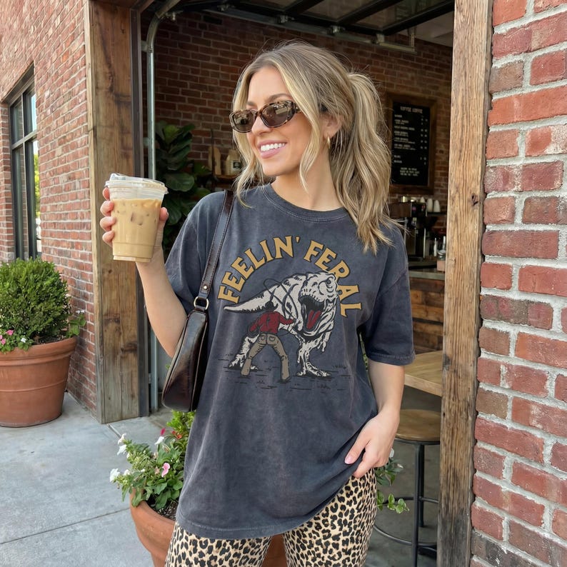 Funny Rodeo Comfort Colors® Shirt, Cowboy Rodeo Tshirt, Feeling Feral Tee, Retro T-rex Shirt, Dinosaur Lover Gift, Western Graphic Tee image 3