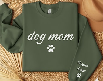 Custom Dog Mom Sweatshirts with Pet Name on Sleeve, Personalized Dog Mom Crewneck, Dog Mom Gift, Dog Mom Sweater, Dog Mom Sleeve Name Outfit