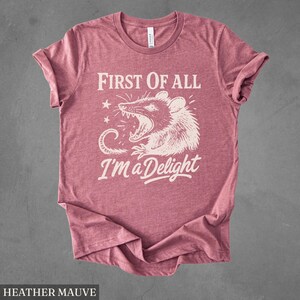 May include: Heather mauve t-shirt with a screen-printed design. The design features a cartoon opossum with an open mouth and the text "FIRST OF ALL I'M a Delight" in a whimsical font. The shirt has rolled-up sleeves.