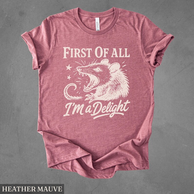 May include: Heather mauve t-shirt with a screen-printed design. The design features a cartoon opossum with an open mouth and the text "FIRST OF ALL I'M a Delight" in a whimsical font. The shirt has rolled-up sleeves.