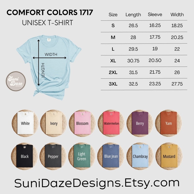 May include: A chart showing the size, length, sleeve, and width measurements for a unisex t-shirt in inches. The chart shows sizes S through 3XL. Below the chart are 12 color swatches of different t-shirt colors, including white, ivory, blossom, watermelon, berry, yam, black, pepper, light green, blue jean, Chambray, and mustard.