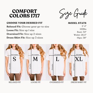 Puede incluir: Gu&iacute;a de tallas para camisetas Comfort Colors 1717. La gu&iacute;a incluye estad&iacute;sticas del modelo, descripciones de ajuste y medidas en cm para las tallas S, M, L y XL. El texto incluye "Elige tu ajuste deseado" y "Gu&iacute;a de tallas".