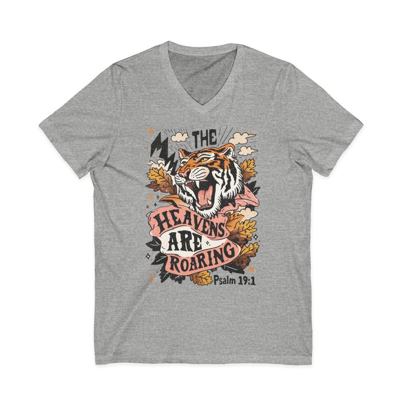 Bible Verse V-neck Shirt, The Heavens Are Roaring Tshirt, Christian Gifts, Tiger Lover Shirts, Religious T-shirt, Bible Study Tee zdjęcie 2