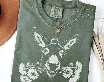 Donkey Comfort Colors® Shirt, Floral Donkey Tee, Cute Donkey with Flowers Shirt, Vintage Cottagecore Graphic Tee, Donkey Lover Gift