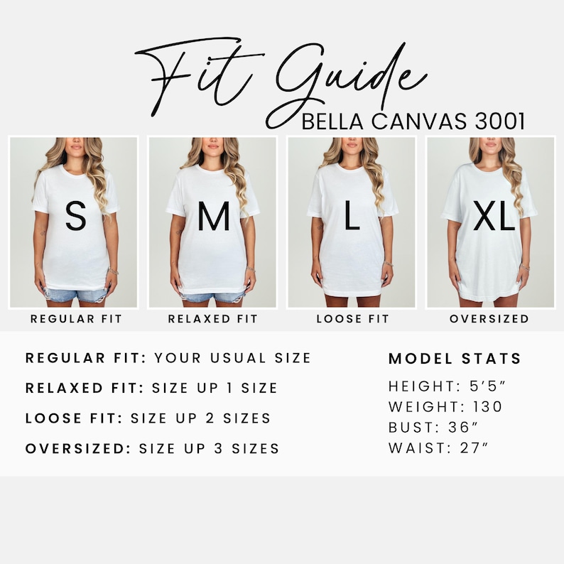 May include: A fit guide for Bella Canvas 3001 t-shirts, showing how the shirts fit in sizes S, M, L, and XL. The guide includes model stats: height 5'5", weight 130 lbs, bust 36", and waist 27". It also details regular, relaxed, loose, and oversized fits.