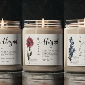 Personalized candles with birth month flower,  name, birthdate and customized message.