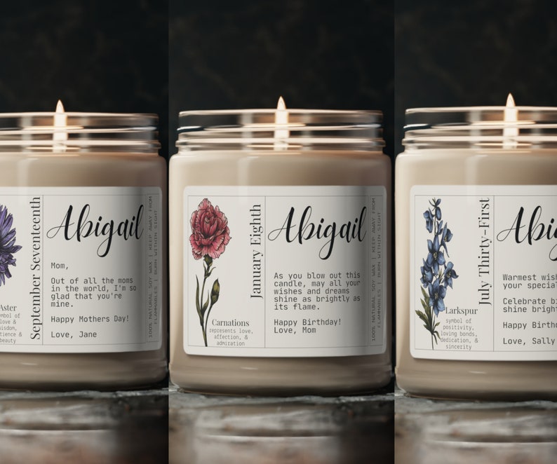 Personalized candles with birth month flower,  name, birthdate and customized message.