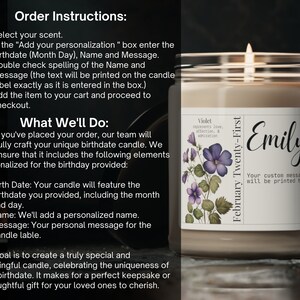 May include: A white candle with a personalized label. The label features a floral design, the name "Emily", the date "February Twenty-First", and the text "Your custom message will be printed here."